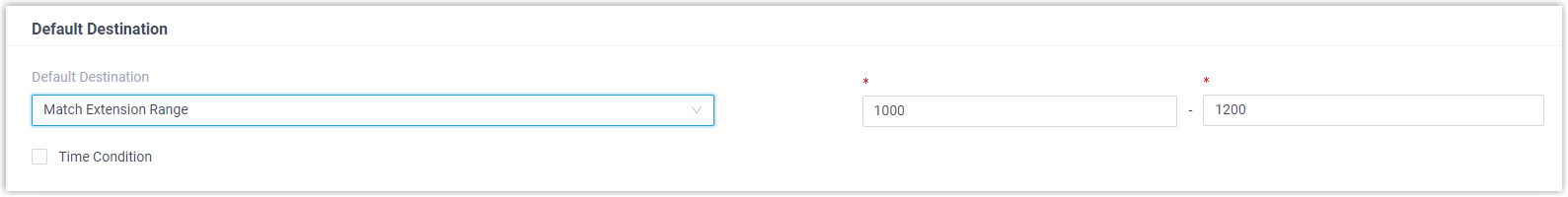 Default destination set to match the headquarters extension range on the Cloud Voice inbound route