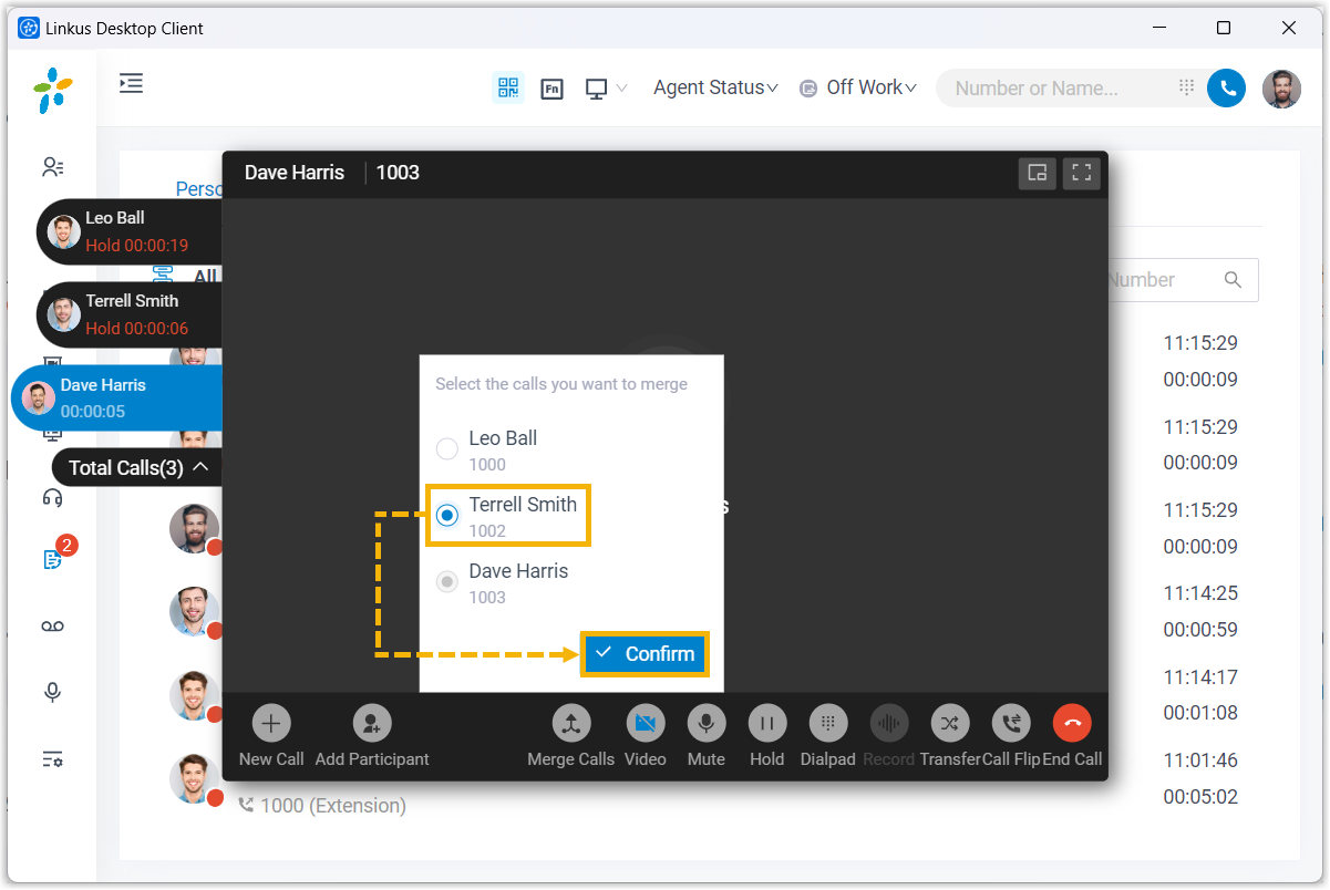 Cloud Voice, selecting which active call to merge into the conference