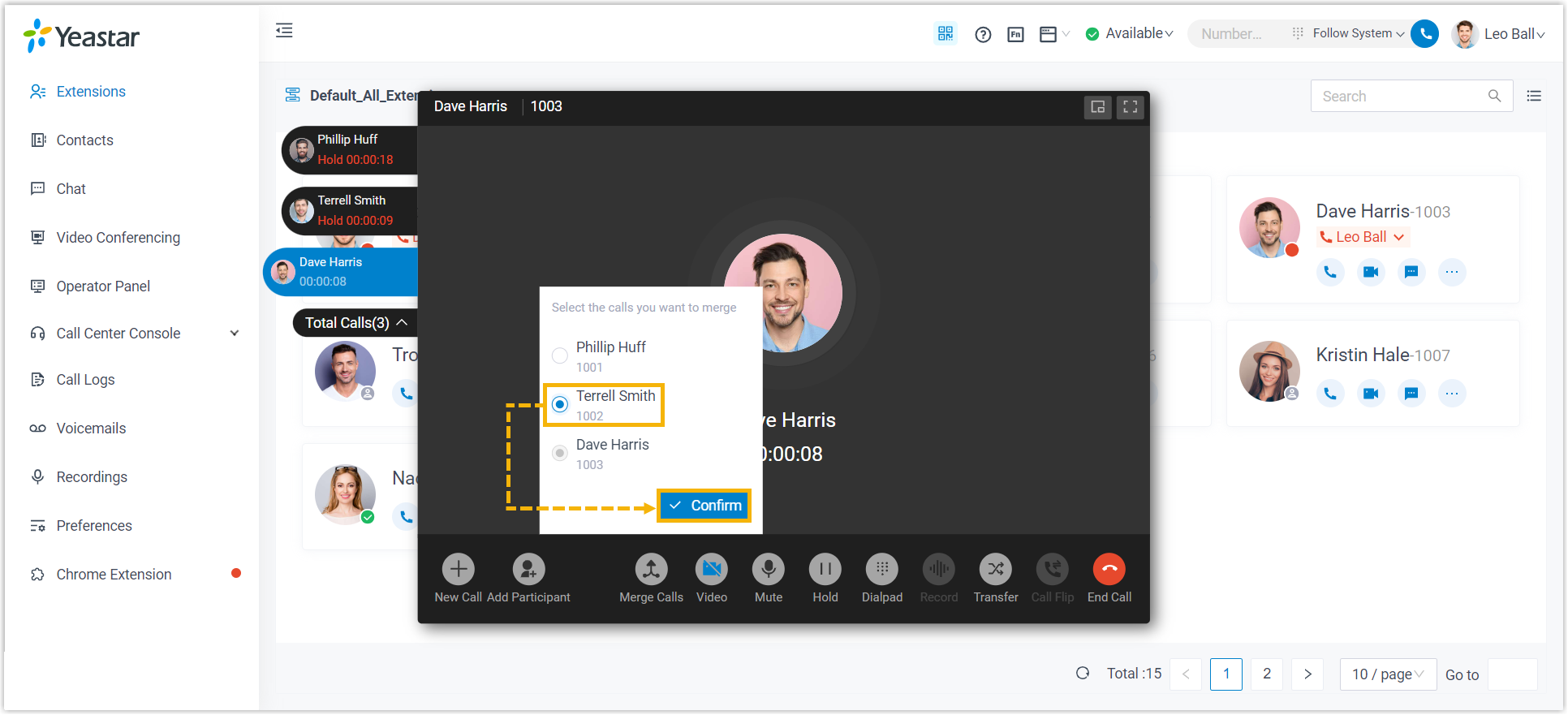 Cloud Voice, selecting which call to merge when several are active