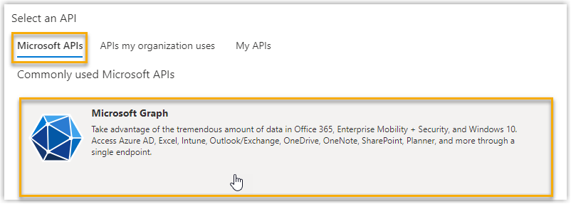 The Select an API page with Microsoft Graph selected