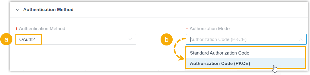 Selecting OAuth2 and an authorization mode