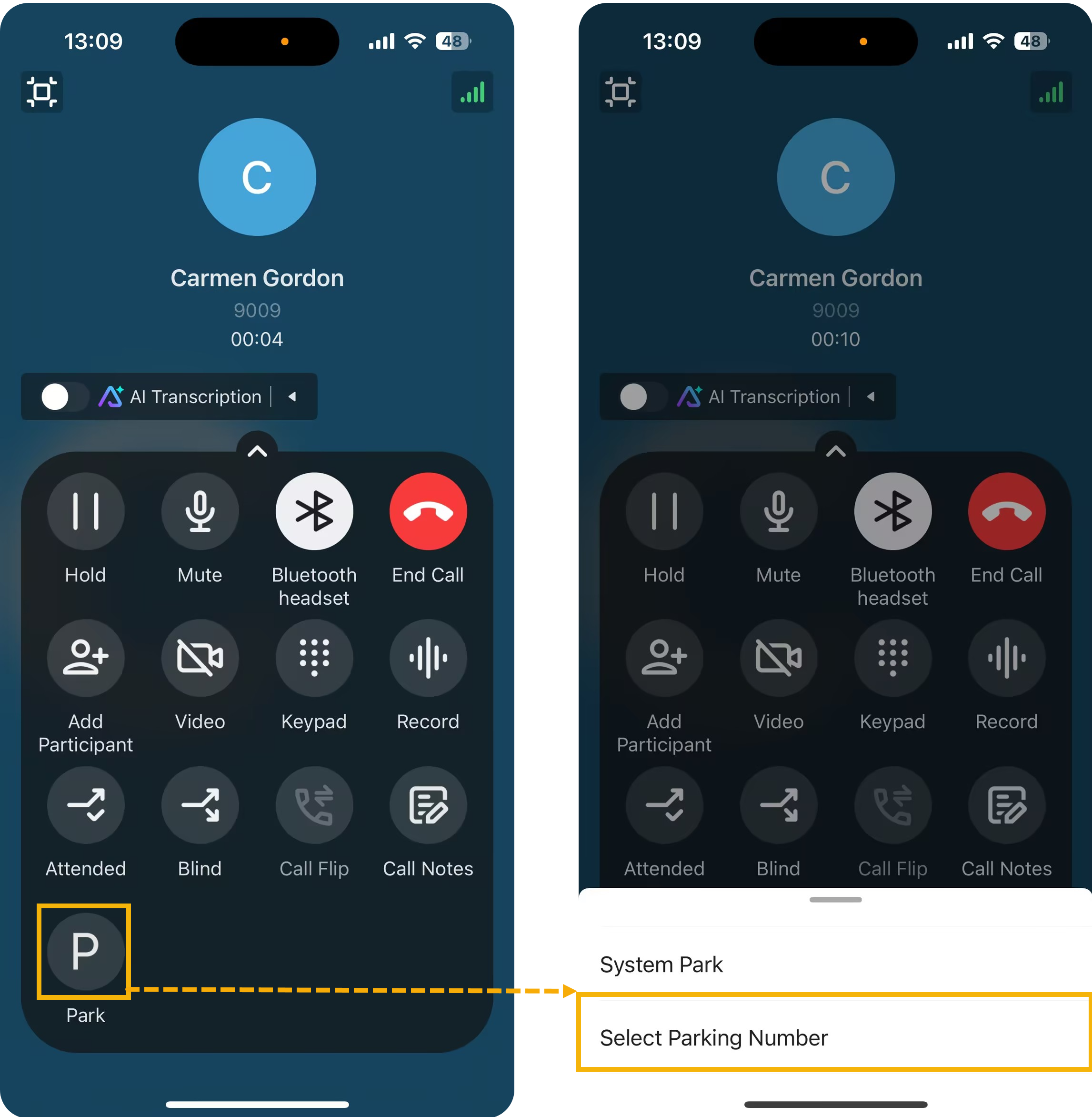 Park control on the mobile call screen with the Selected Park Number option selected