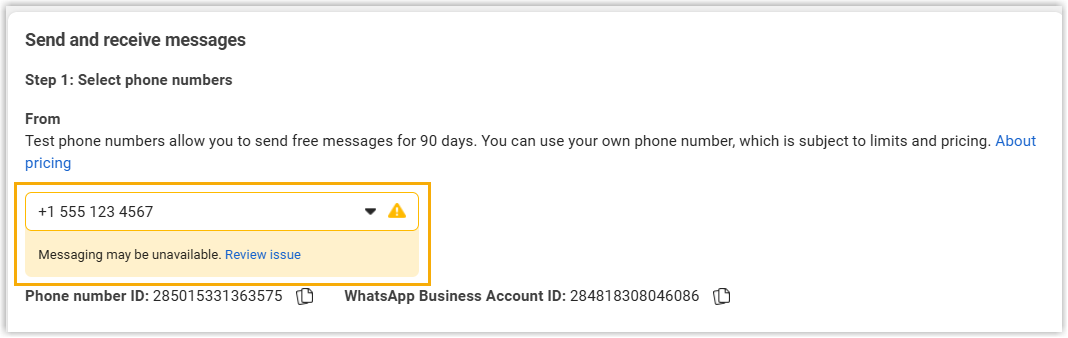 The API Setup page with the pending number selected in the From drop-down
