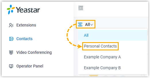 Cloud Voice, selecting Personal Contacts from the contact-group drop-down