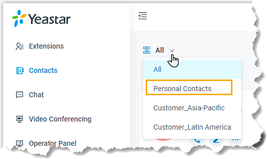 Cloud Voice, Personal Contacts selected in the phonebook drop-down list