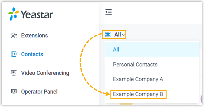 Cloud Voice, choosing a company phonebook from the contact source drop-down