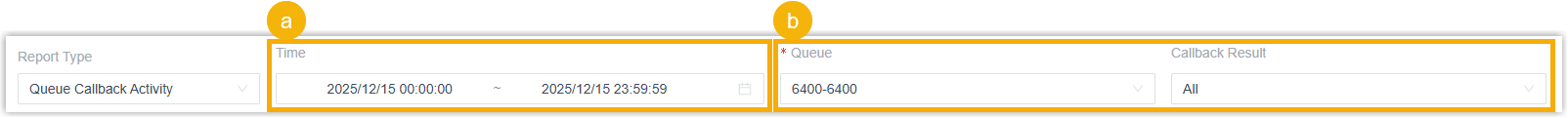 Call Center Reports pane with the Queue Callback Activity report highlighted