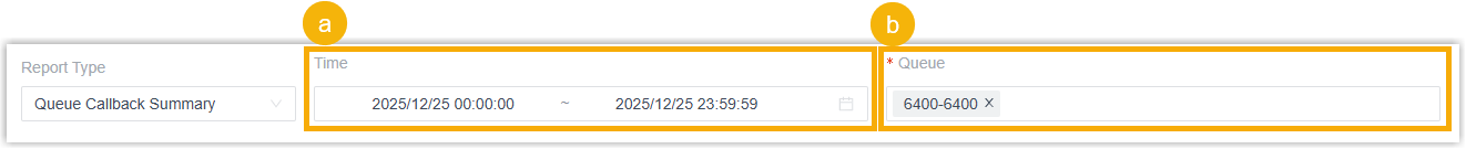 Filter panel for setting the report time range and queue