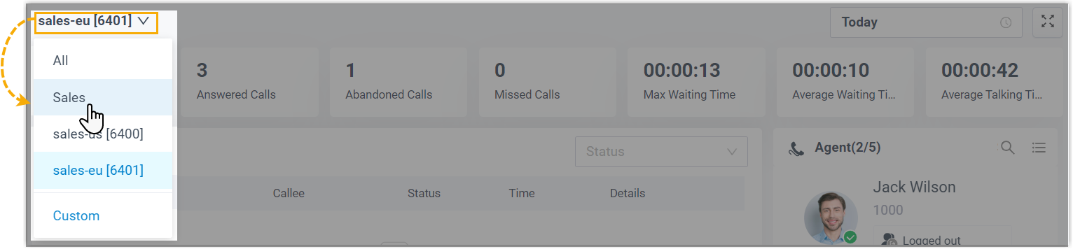 Queue drop-down list with a saved queue group selected