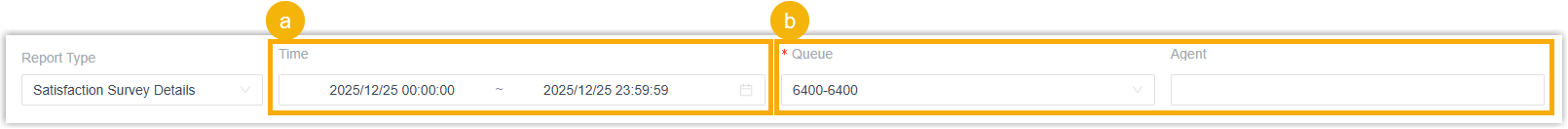 Filter options for the Satisfaction Survey Details report, including the time range and queue or agent selectors