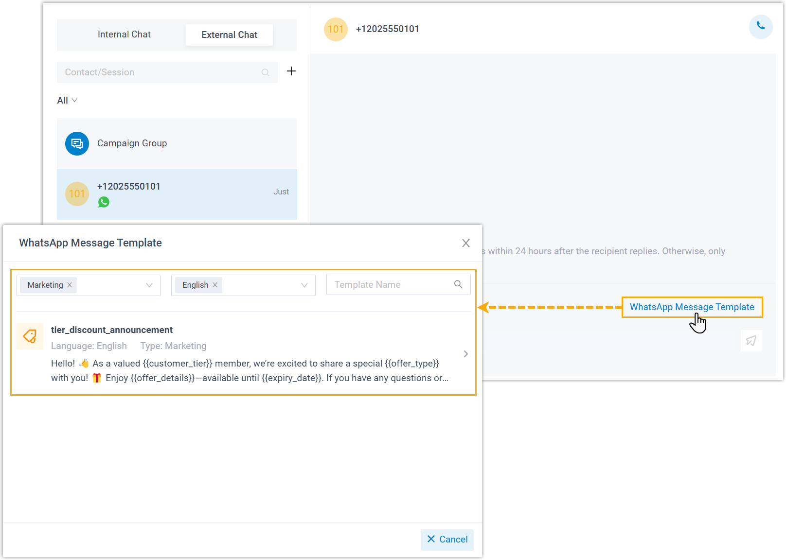 Choosing a WhatsApp message template to send