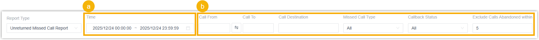 Filter fields above an Unreturned Missed Call Report