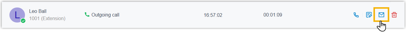 Call log entry with the email icon shown beside the record