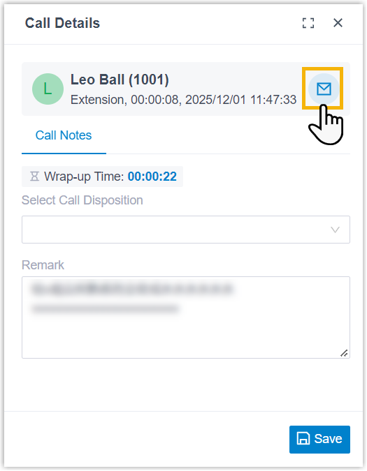 Post-call pop-up with the email icon for sending call details