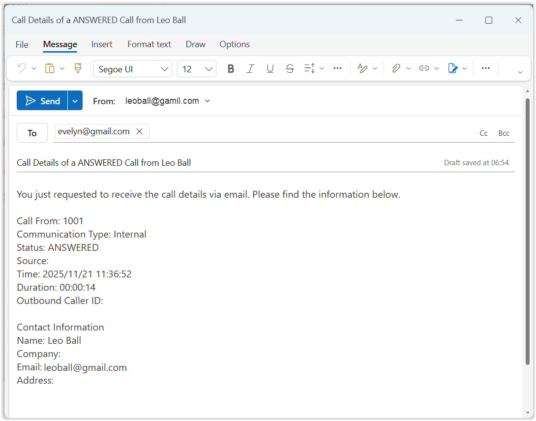 New email draft pre-populated with the recipient, subject, and call details