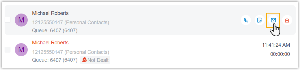 Follow-up email option beside a queue call log in the desktop app