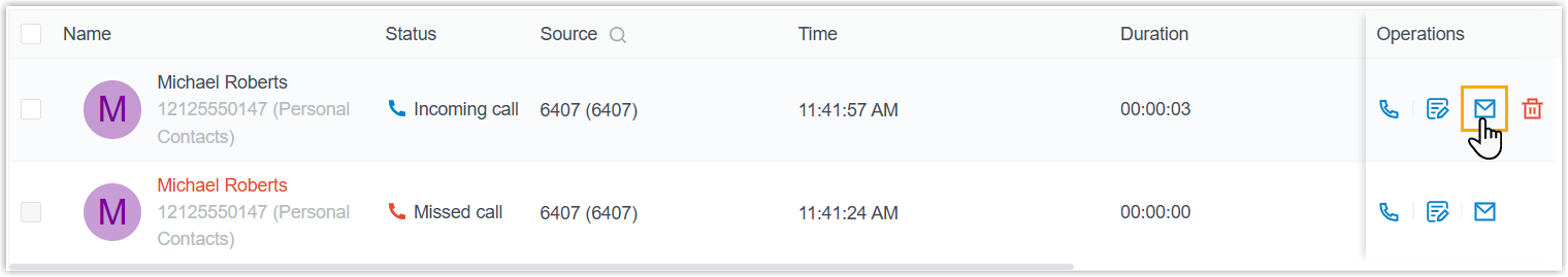 Follow-up email option beside a queue call log in the web app