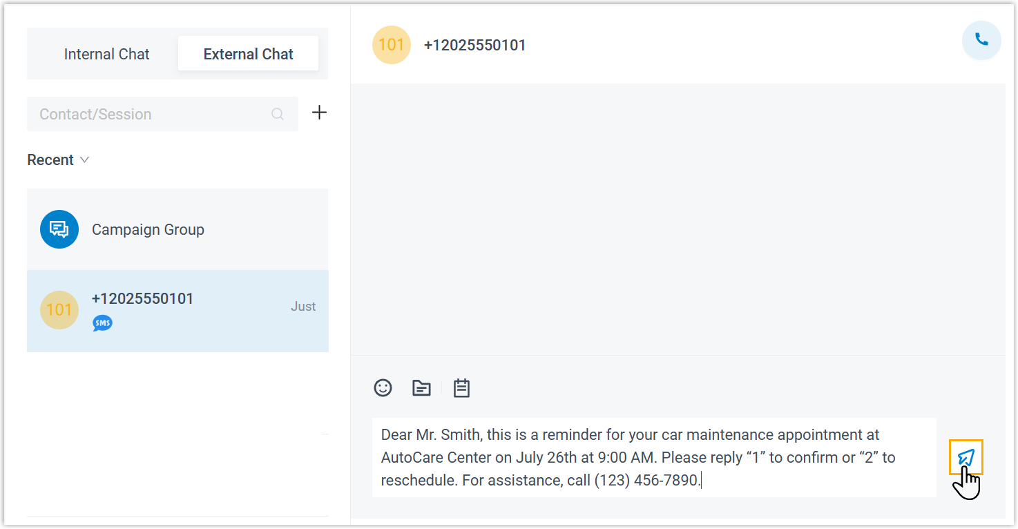 An open SMS session ready for messaging