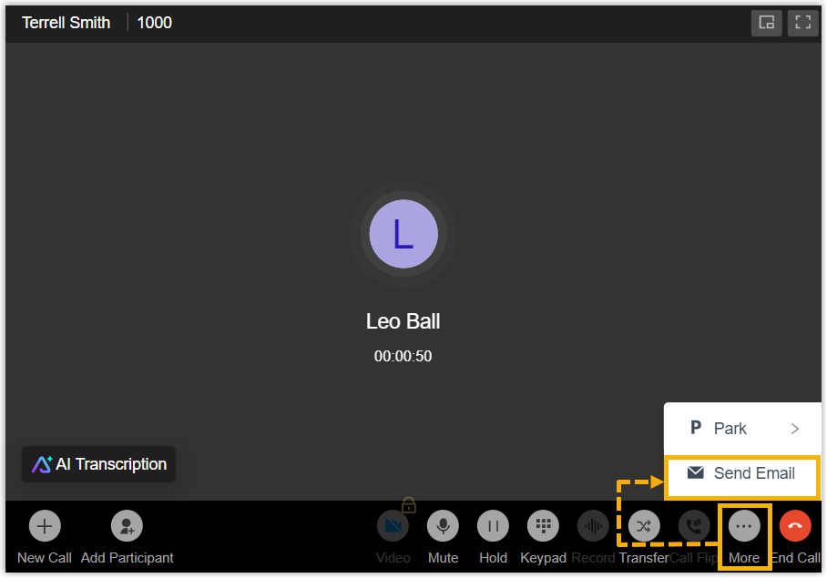 Active call toolbar with the More menu expanded to reveal Send Email