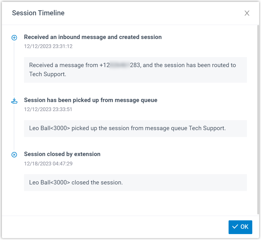 A session's operation records shown in a timeline view
