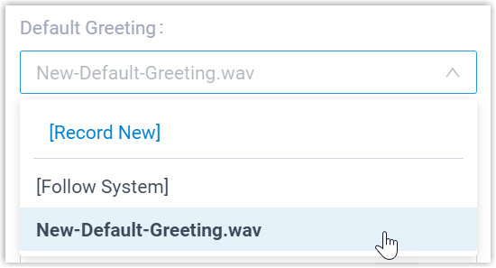 Voicemail greeting section with a custom recording chosen as the default greeting