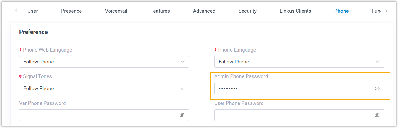 Cloud Voice, Preference section with the Admin Phone Password field