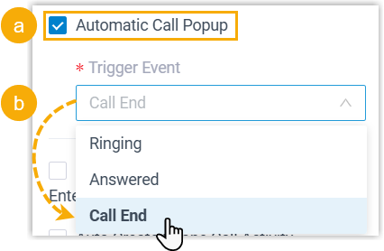 Automatic call popup settings with a trigger event selected