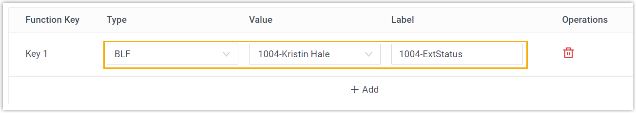 BLF function key configured to monitor extension 1004 on the extension's Function Keys tab
