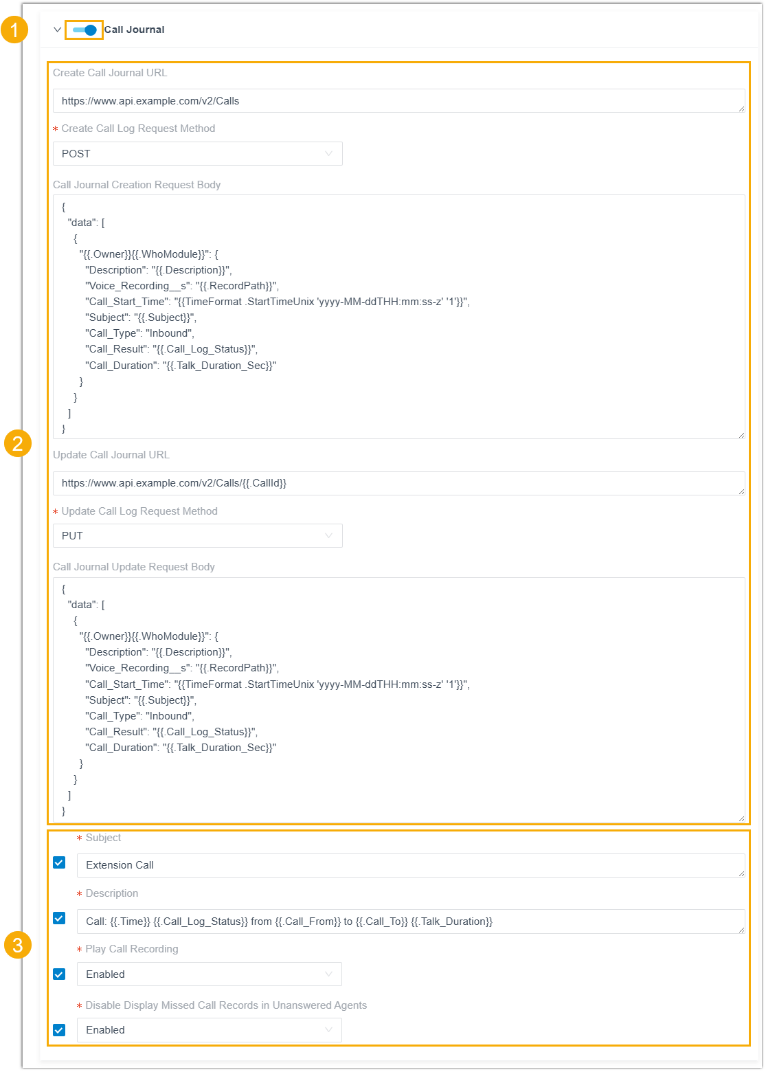 Call Journal settings with request URLs and bodies