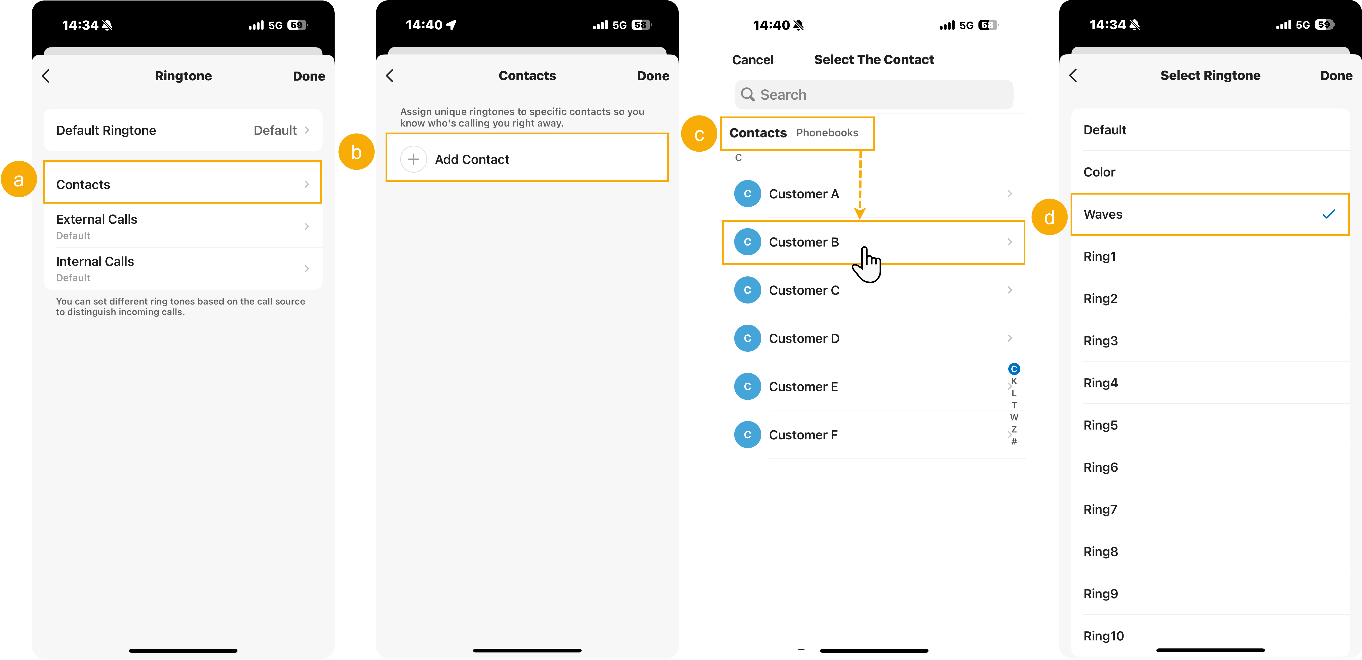Adding a per-contact ringtone rule from the Contacts list