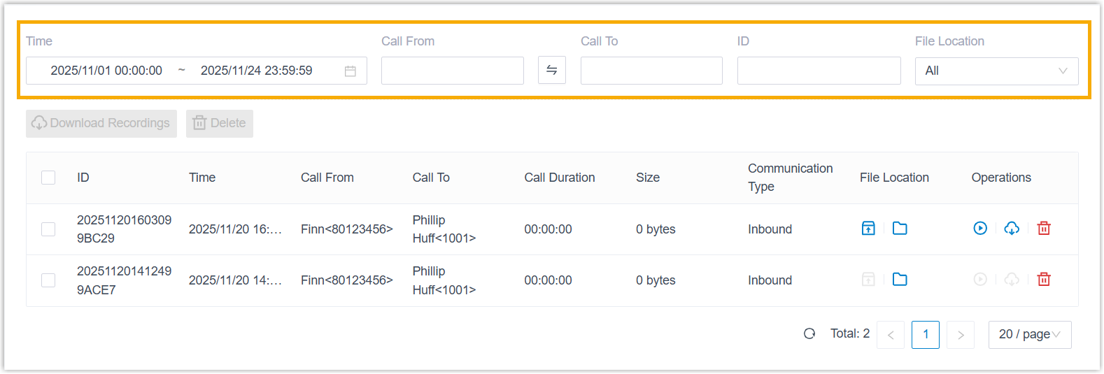 Filter fields above the recording list