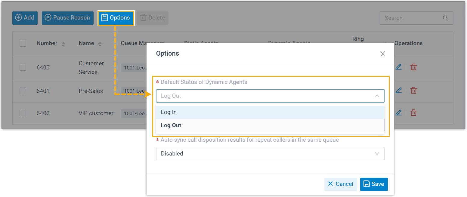 Queue options with the default status drop-down for dynamic agents