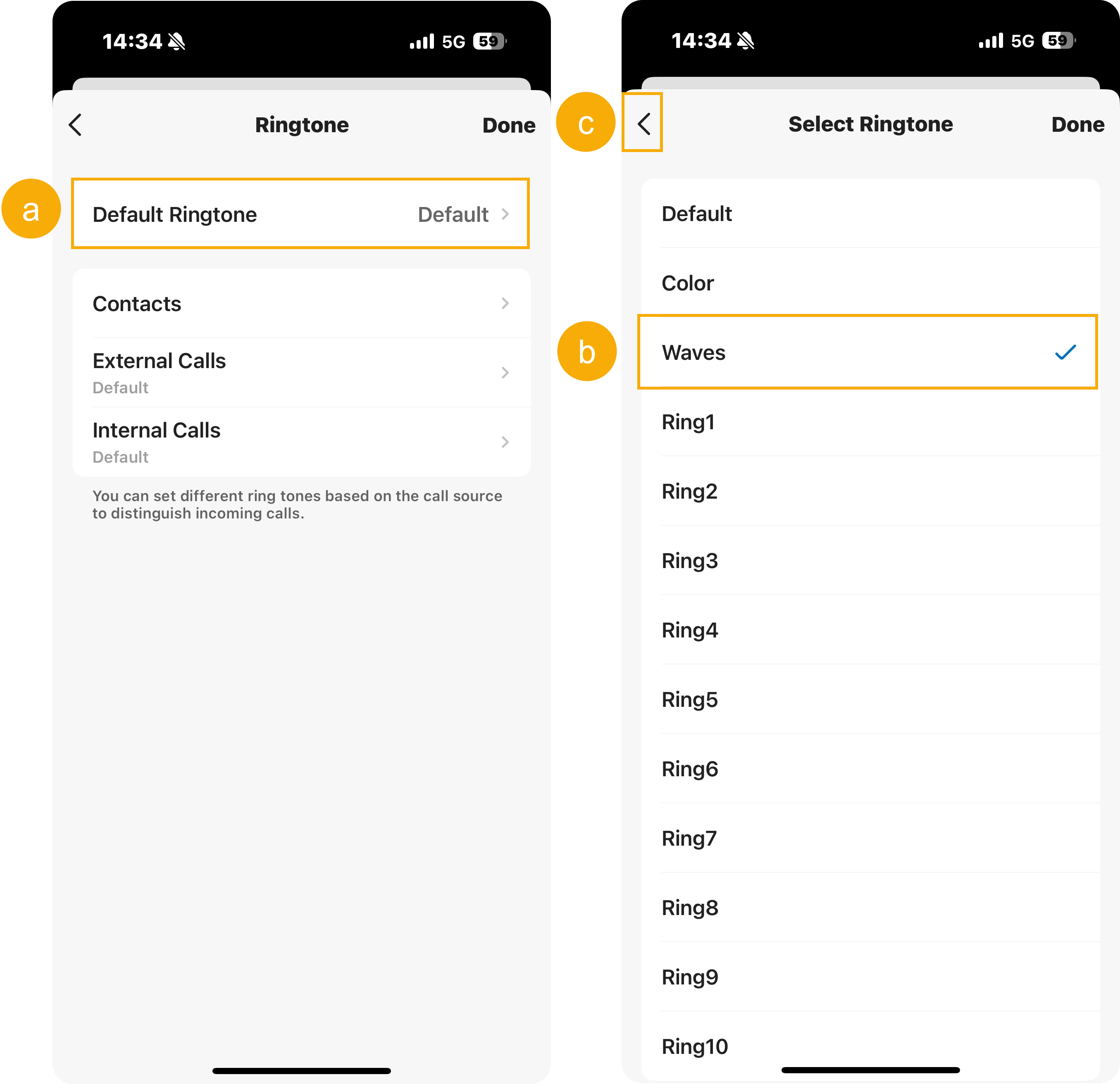 The ringtone settings page with the Default Ringtone option and a list of available tones