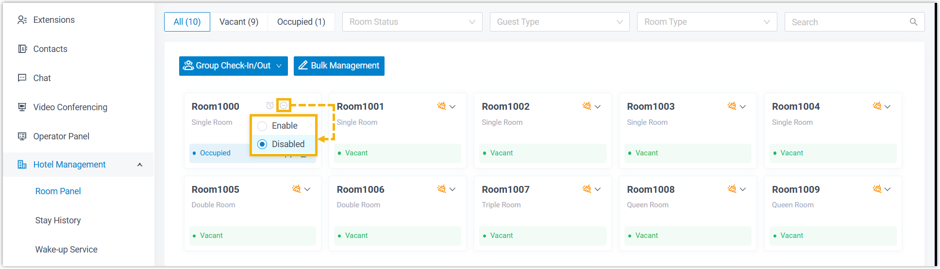 Room tile with the Do Not Disturb menu open, offering enable and disable choices