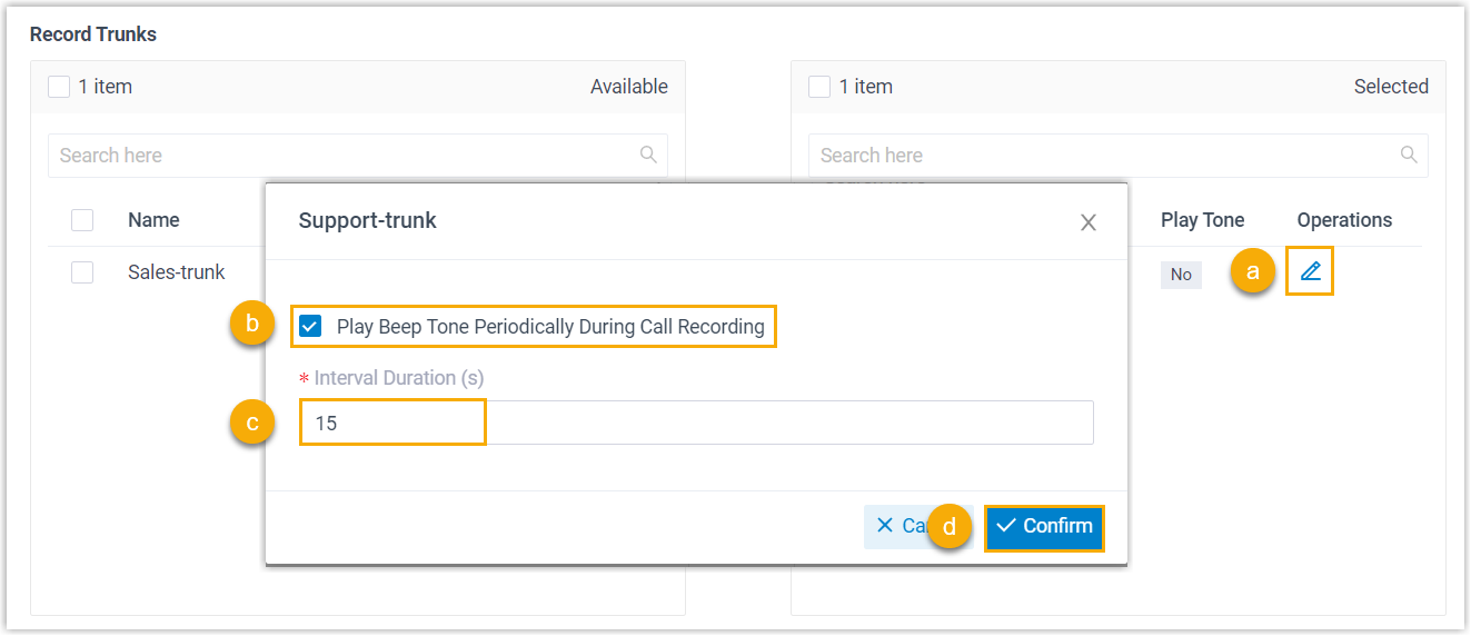 Trunk recording dialog with the periodic beep option turned on