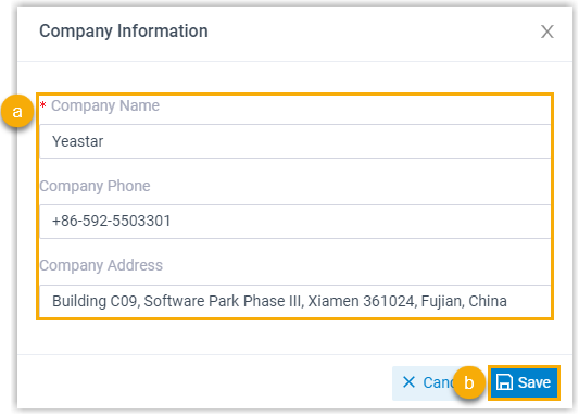 Cloud Voice, company information dialog with fields for name, phone number, and address