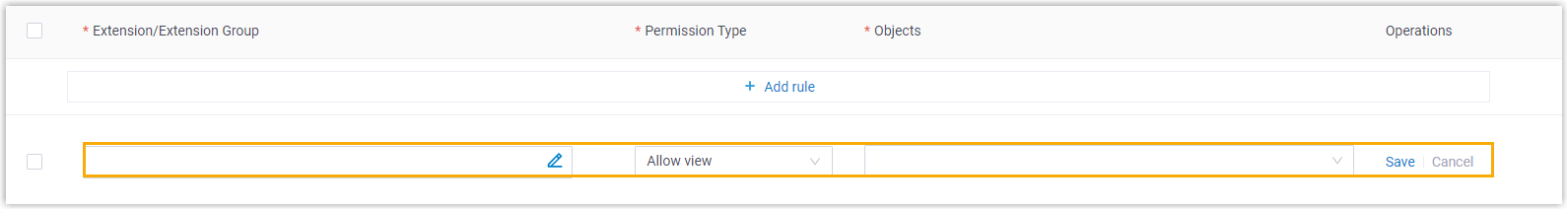 Contact visibility rule form with fields for extensions, permission type, and target phonebooks
