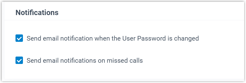 Notification checkboxes for missed calls and password changes in Preferences