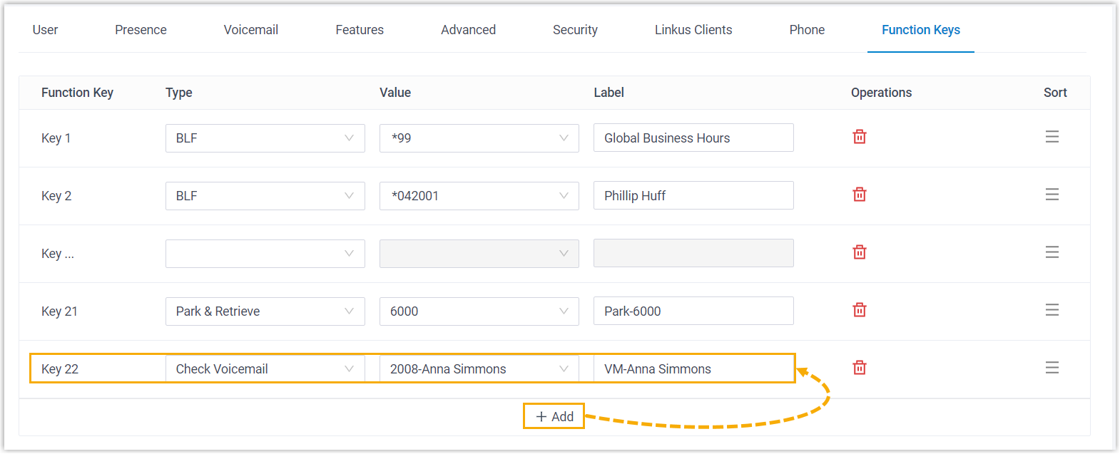 Cloud Voice, function key row with type, value, and label fields for a Yealink expansion module