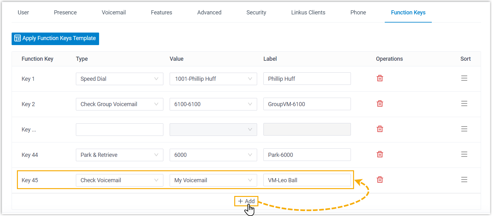 Cloud Voice, function key list with type, value, and label fields for a Mitel expansion module