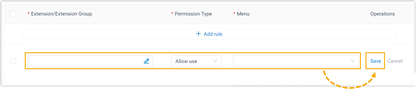 Form for a menu-visibility rule, with fields for the target extensions, the permission type, and the menus to include