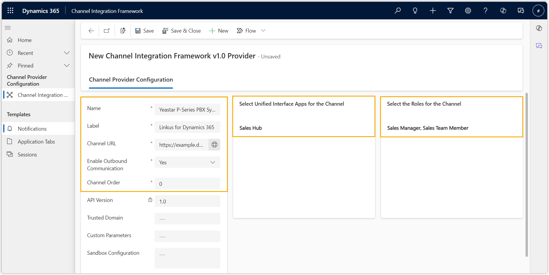 Cloud Voice, completed channel provider configuration form