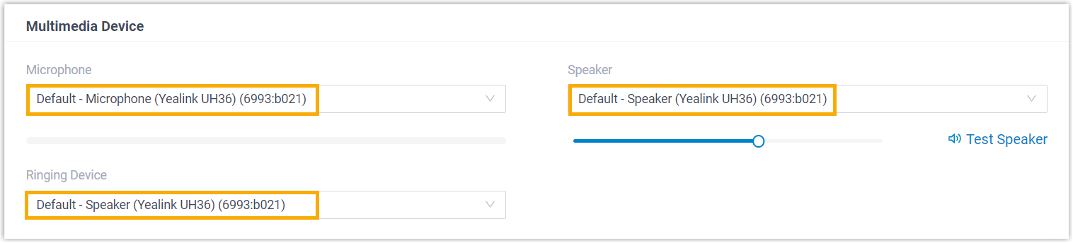 Multimedia Device settings with the headset selected for microphone, speaker, and ringing