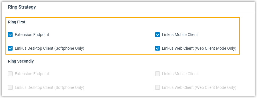 Cloud Voice, Ring Strategy section with multiple endpoints selected to ring simultaneously