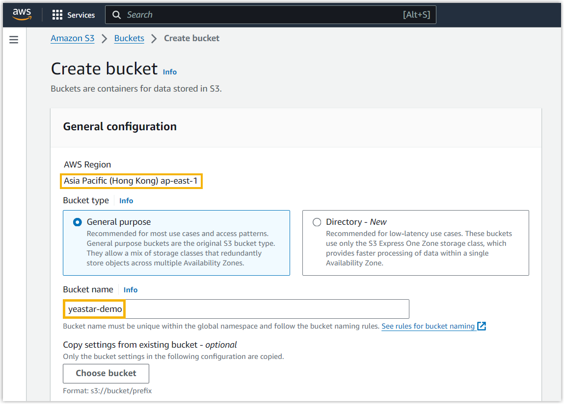 Setting the region and name for a new S3 bucket