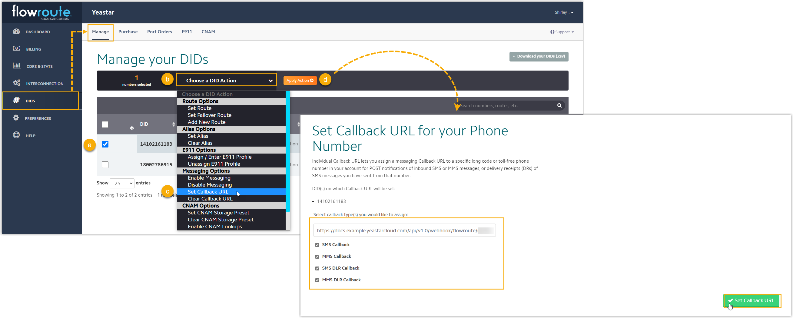 Cloud Voice, a single Flowroute DID configured with the PBX webhook URL