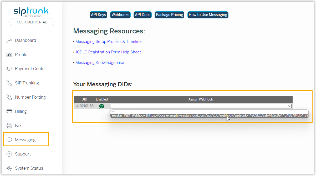 Assigning the messaging webhook to the DID number in SIPTRUNK