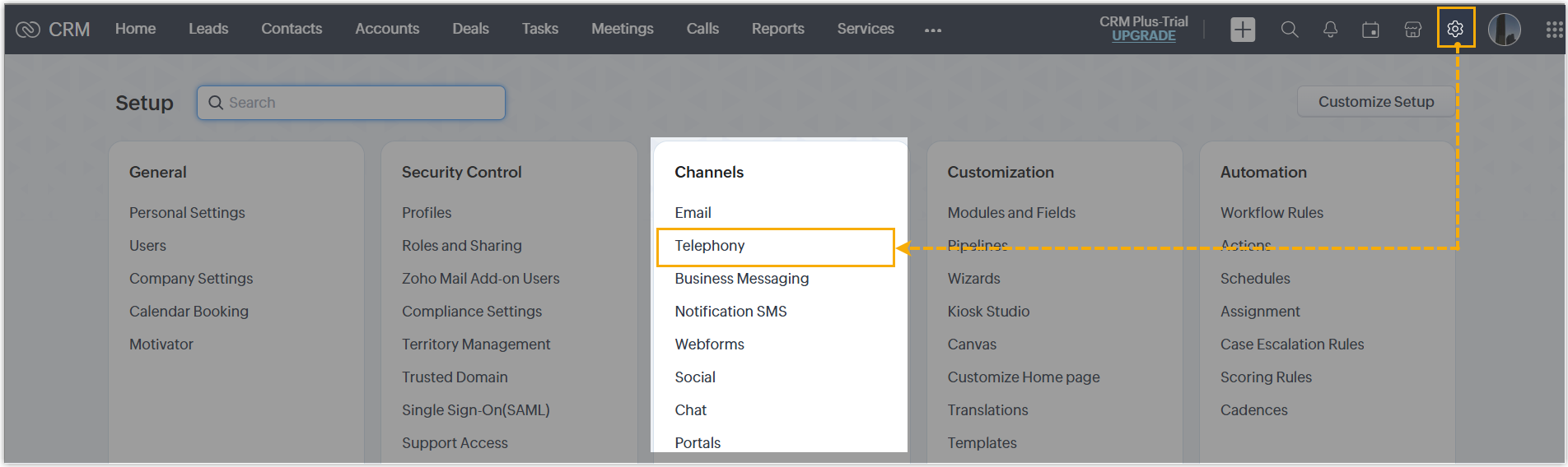 Path through the Zoho Setup menu to the Telephony channel