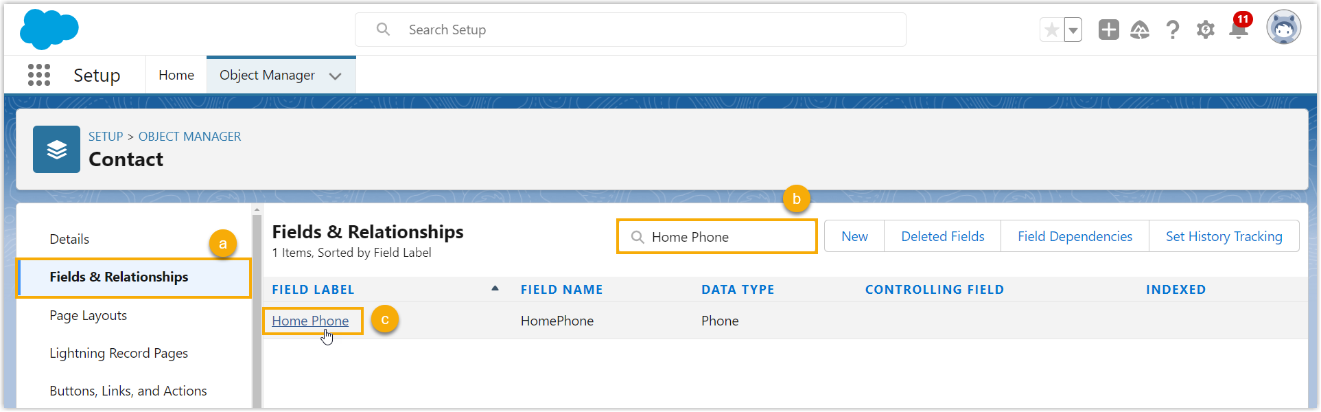 Field details reached through the Fields and Relationships tab