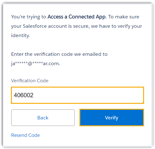Entering the Salesforce verification code